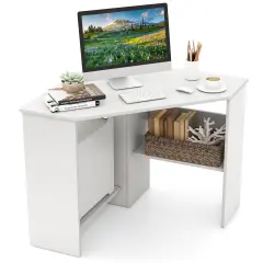 Costway Corner Computer Desk Triangle Writing Workstation w/ Storage Shelf White\Black