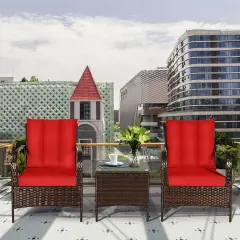 Costway 3 PCS Patio Rattan Furniture Set Coffee Table & 2 Rattan Chair W/Red Cushions