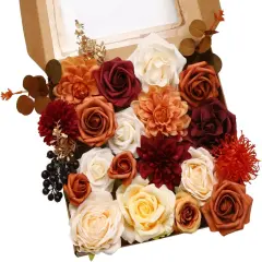 Artificial Flowers Orange Burgundy Combo Box Set