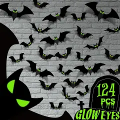 3D Bats Wall Decor with Glow Eyes - 124 Pcs