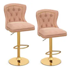 Costway Set of 2 Bar Chairs Dutch Velvet Bar Stool with Footrest Metal Base Anti-Slip Ring Pink/Beige/Grey