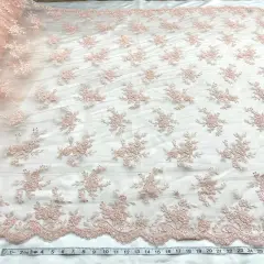 1 Yard Beaded Corded Bridal Lace Fabric Embroidered Mesh Champagne 54" Width Peach