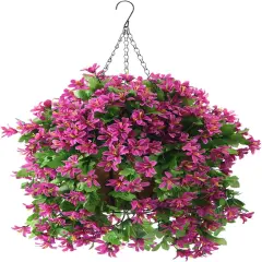 Artificial Hanging Flowers in Basket for Summer Outdoor Porch Decoration,UV Resistant Fake Silk Violet in Planter Realistic for Outside Home Patio Balcony Garden Yard Decor