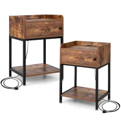Costway 2PCS Nightstand W/ Charging Station Sofa Side Table Storage CabinetEnd Table Rustic Brown