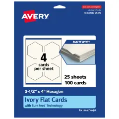 Avery Printable Hexagon Flat Cards, Sure Feed Technology, 3-1/2" x 4", Matte Ivory Cardstock, Print-to-The-Edge, Laser/Inkjet Printable, 40 Total