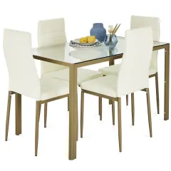 Best Choice Products 5-Piece Kitchen Dining Table Set w/ Glass Tabletop, 4 Faux Leather Chairs Ivory/Gold