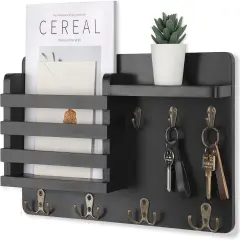 Mail Holder for Wall Mail Organizer with Key Hooks Hallway Farmhouse Decor Letter Sorter Made of Natural Wood with Floating Shelf and Flush Mount Hardware (16.8Inch x 10Inch x 3.2Inch)