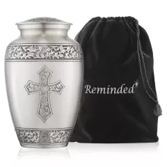 Adult Cremation Funeral Urn for Human Ashes, Pewter Etched Cross with Velvet Bag