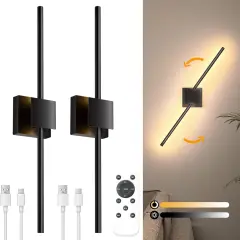 Battery Operated Wall Sconces with Remote Control, Dimmable Wall Sconces Set of Two with DIY Independently Rotatable Lamppost, 3000K-6000K LED Wall Lights for Living Room, Bedroom, 28.3 Inch