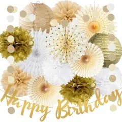 White Gold Champagne Birthday Party Decorations Tissue Pom Poms Hanging Paper Fan Paper Lanterns Gold Party Decoration for Women Girls Happy Birthday Wedding Engagement Baby Shower Decoration