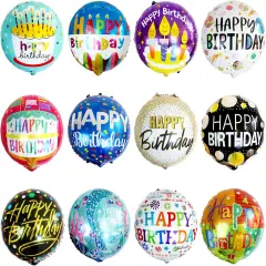 24 Pcs Happy Birthday Foil Balloons 18 inch Round Helium Floating Mylar Balloon Inflatable Balloons for Birthday Party Decorations Supplies,12 Patterns