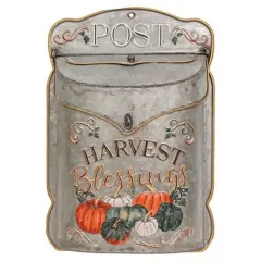 Harvest Blessings Metal Post Box with Pumpkin Accents and Embossed Design and Hanging Feature