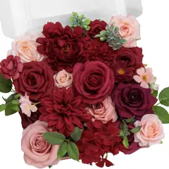 Burgundy Artificial Flowers Combo Box Set, Silk Dahlia Fake Roses with Stems