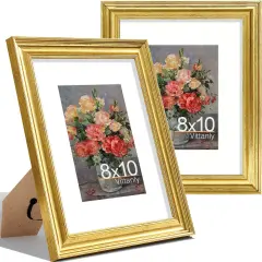 8x10 Picture Frames Set of 2, Ornate Vintage Photo Frame for Wall or Tabletop, Display 5x7 Pictures with Mat or 8x10 without Mat, Rustic Gold