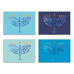 Elegant Hanukkah Greeting Cards Boxed Set &ndash; 24 Holiday Notecards Featuring Menorah Tree Designs in Blue Tones, Perfect for Thoughtful Festive Wishes