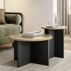 Stead Round Nesting Coffee Tables, 2 Piece Modern Home Decor, Solid Wood Base and Wood Burl Top (Blackened & Burl)