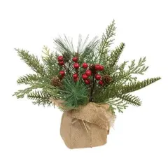 Mixed Greenery Christmas Arrangement with Wrapped in Burlap Fabric and Jute String