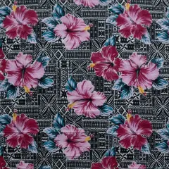1 Yard Hibiscus Print on Traditional Tapa Fabric 100% Polyester, 60 Inches Width Pink