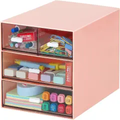 Desk Organizer with 4 Drawers, Clear Plastic Desk Storage Box, Desktop Organization for Office Supplies, Gel Pens, Pencils, Markers, Tape, Erasers, Paperclips, Chargers (Pink w 4Draws)