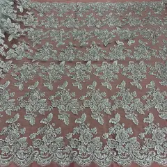 1 Yard Beaded & Corded Embroidered Bridal Lace Fabric, 100% Polyester Net Mesh, 52"-54" Wide Silver Metallic