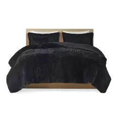 Black Soft Sherpa Faux Fur 3-Piece Comforter Set with Pillow Shams