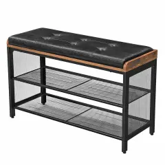 Black Metal-Wood Shoe Bench with Cushioned Seat and 2 Adjustable Shelves