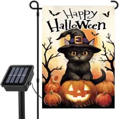 Happy Halloween Cat Pumpkin Flag with Solar LED Lights (12"x18")