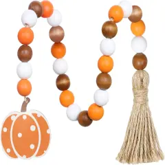 Fall Wooden Bead Garland with Tassel and Pumpkin Tag