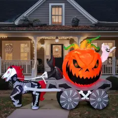 Halloween Inflatables Pumpkin Carriage Outdoor Decorations, Blow Up Pumpkin Carriage with Build-in LEDs