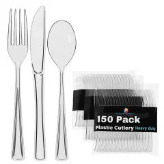Exquisite Polished Plastic Silverware &ndash; 150 Pcs Heavy Duty Cutlery Set &ndash; 50 Each of Forks, Knives & Spoons &ndash; Disposable Utensil Set for Parties, Events & Catering &ndash; Flatware Set by Party Solids Clear