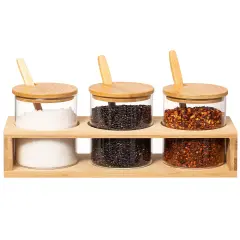 Basicwise 3-Piece Glass Containers with Bamboo Lids and Tray Holder &ndash; Decorative Storage for Condiment Pots and Spice Jars - Coffee Station Accessories, Perfect Organizer for Home Kitchen or Caf&eacute;