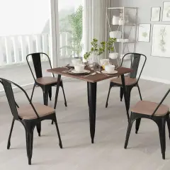 Merrick Lane Modern 31.5" Square Metal Table with Rustic Wood Top for Indoor Use Black