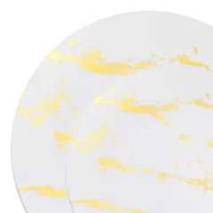 White with Gold Marble Stroke Round Disposable Plastic Dinnerware Value Set (120 Guests)