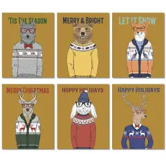 Hipster Animal Christmas Cards - 24-Pack Holiday Greeting Cards with 6 Cozy Sweater Animal Designs, Perfect for Sharing Merry Christmas & Holiday Wishes, Blank Inside for Personalized Messages - Fun and Festive Stationery Set