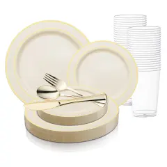 Ivory with Gold Edge Rim Plastic Wedding Value Set (20 Settings)