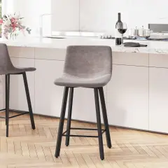 Merrick Lane Oretha Set of 2 Modern Upholstered Stools with Contoured, Low Back Bucket Seats and Iron Frames Gray Faux Leather