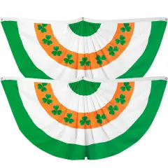 G128 2 Pack: Ireland Irish Shamrock Pleated Fan Flag | 1.5x3 Ft | Printed 150D Polyester | St. Patrick's Day Decor, Indoor/Outdoor, Vibrant Colors, Brass Grommets