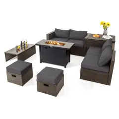 9 Pieces Outdoor Patio Furniture Set with 42 Inch Propane Fire Pit Table Grey