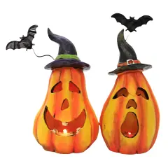 Transpac 5.25 In Pumpkins With Hat Figurine Halloween Figurine Set , Lighted Halloween Decor Lighted Battery Operated Bats Orange