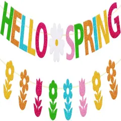 Hello Spring Banner Welcome Spring Party Decorations with Bouquet of Flowers Garland for Kids Boy Girl Celebrate Happy Spring Colorful Glitter Party Supplies