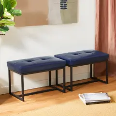 24"W Modern PU Leather Button-tufted Ottoman Foot Stool Navy blue