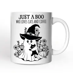 Cute Ghost with Black Cat Mug, Cat and Coffee Lover Halloween Gift