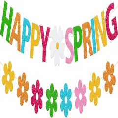 Happy Spring Banner Hello Spring Party Decorations with Flowers Garland for Kids Boy Girl Celebrate Welcome Spring Colorful Glitter Party Supplies