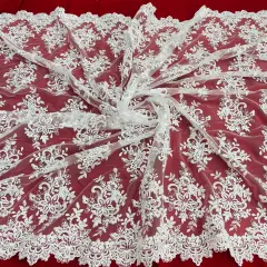 1 Yard Corded Bridal Lace Fabric Embroidered Elegant Mesh Dress 54" Width White