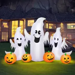 7FT Length Halloween Inflatable Ghosts and Pumpkins, 3 Ghosts Inflatables with Led Lights