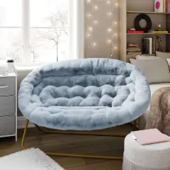 Emma and Oliver Janey Folding Double Saucer Chair with Steel Frame for Dorm, Living Room, or Bedroom AquaFabric/SoftGold