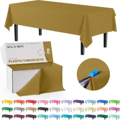 Exquisite Party Solids 54" x 100' Plastic Table Cover Roll with Slide Cutter &ndash; Cut-to-Size Dispenser Box &ndash; Makes Up to 36 Disposable 8' Rectangle Tablecloths Gold