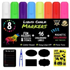 Vaci 8 Multicolored Liquid Chalk Markers with Magnetic Blackboard, Stencils & Labels | Erasable, Non-Toxic, Water-Based | 6 mm Reversible Tip | On Chalkboards, Windows, Glass & More | Kids & Adults