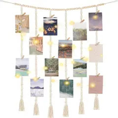 Macrame Hanging Photo Display Wall Decor with String Lights, 30 Clips for Bedroom