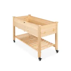 Natural Fir Wood Raised Planter Box with Wheels and Drainage Holes